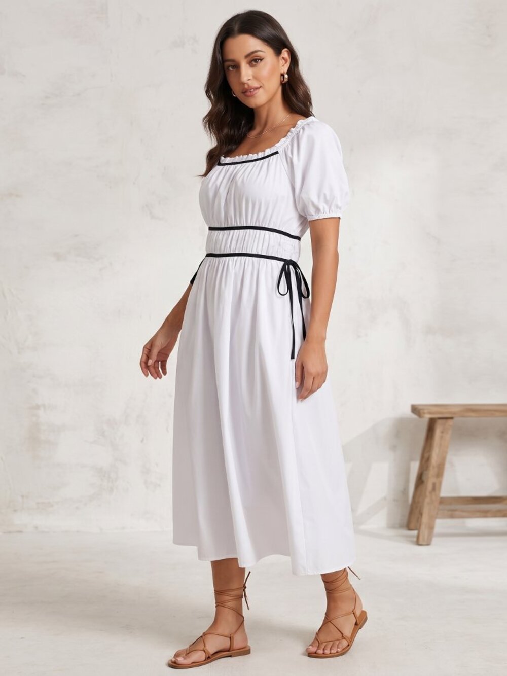 NWT | Wenrine White & Black Smocked Tie-Front Puff Sleeve Maxi Dress | Large